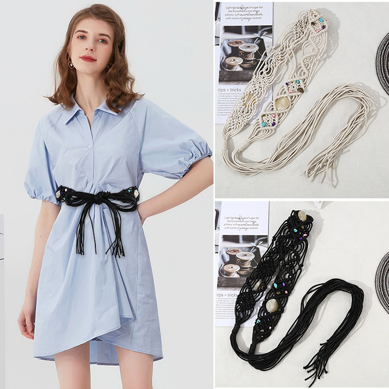 民族风女皮带 亚克力松石编织款女腰带手工蜡绳木珠宝石编织腰链详情3