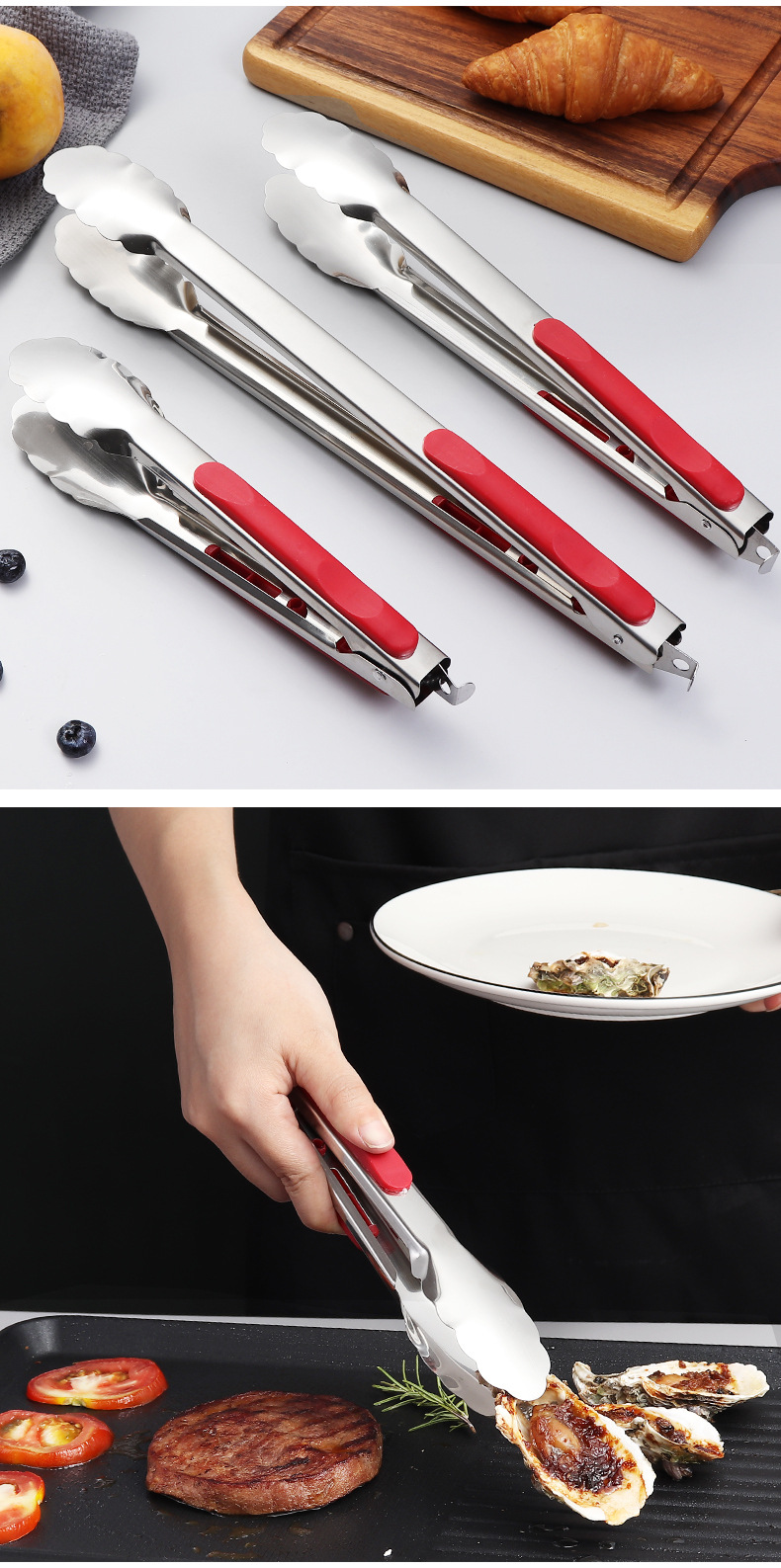 Food tongs, stainless steel barbecue tongs, buffet food tongs, kitchen heat-resistant bread tongs, hotel barbecue steak tongs pic 13