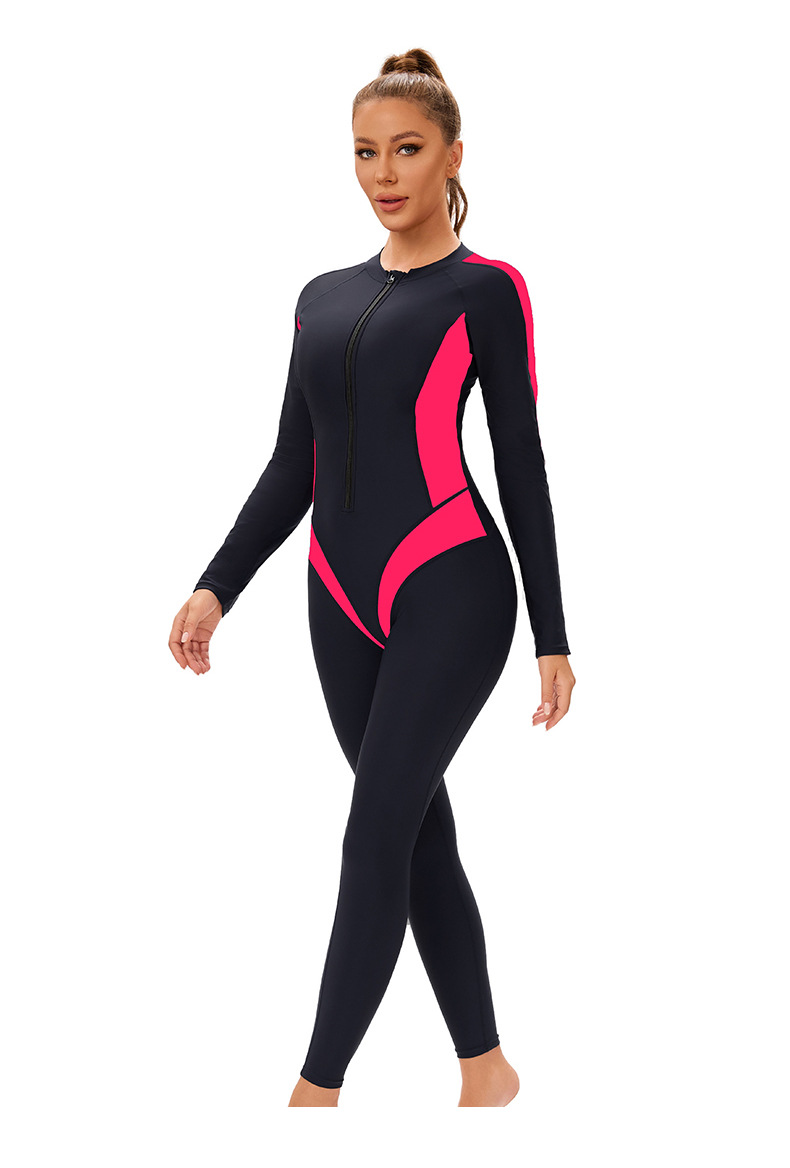 New color-block one-piece Muslim swimsuit for women, cross-border long-sleeved and long-sleeved trousers, conservative full-body zip-up swimsuit pic 11