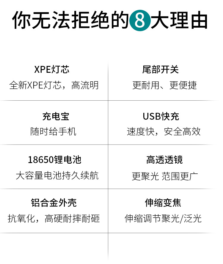 定制强光LED手电筒 防水远射多功能便携可伸缩户外照明高亮手电筒详情2