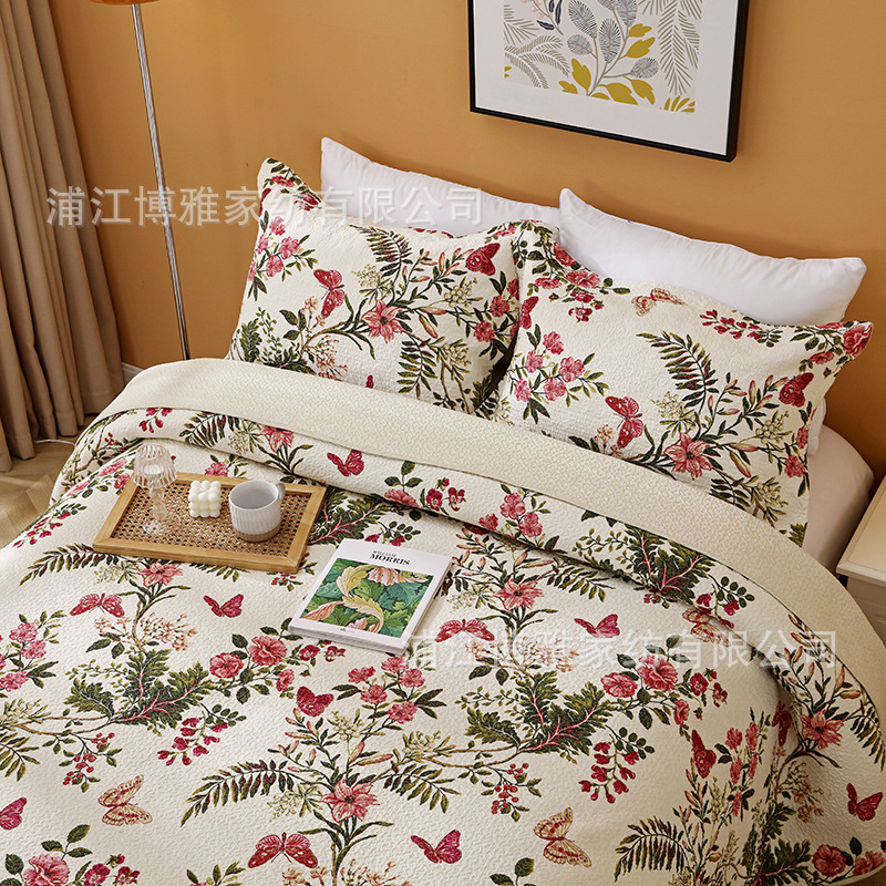 New floral and fresh pure cotton bed cover three-piece set, soft and skin-friendly, all-season quilted quilt, washable quilt wholesale pic 9