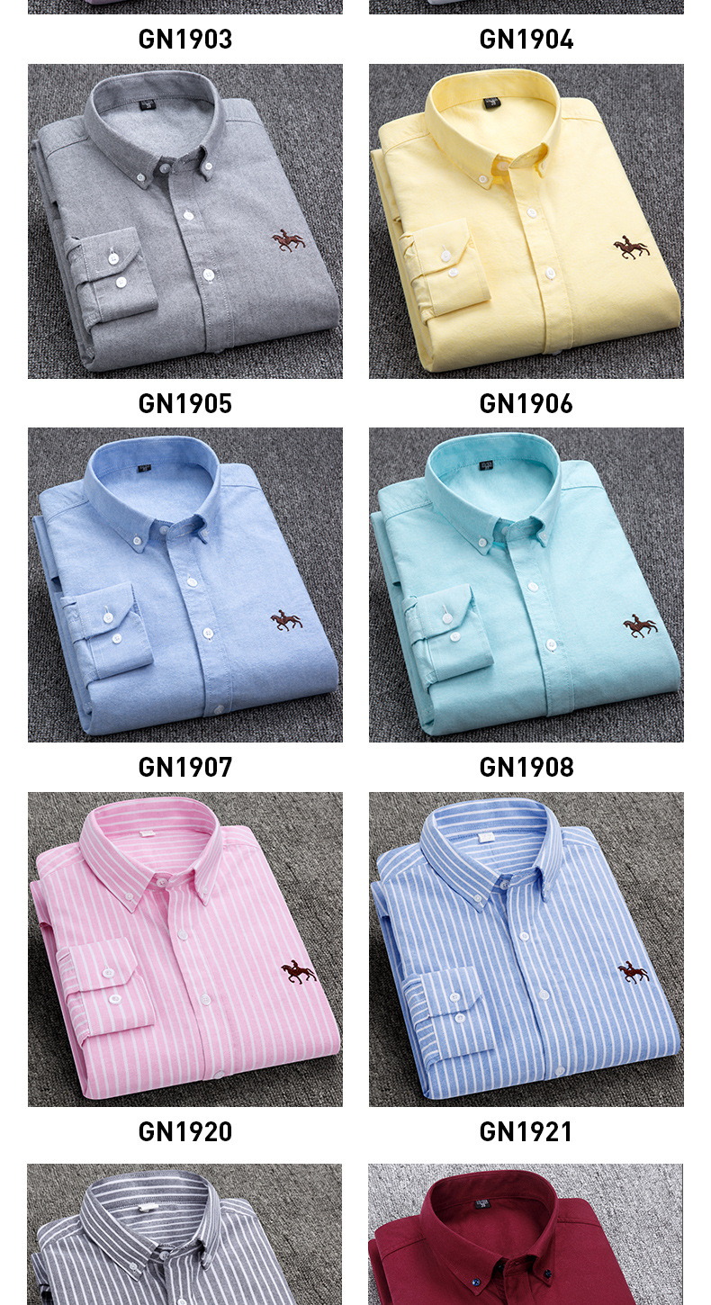 跨境外贸格子休闲棉男衬衣修身马标打底寸衫牛津纺长袖条纹衬衫男详情10