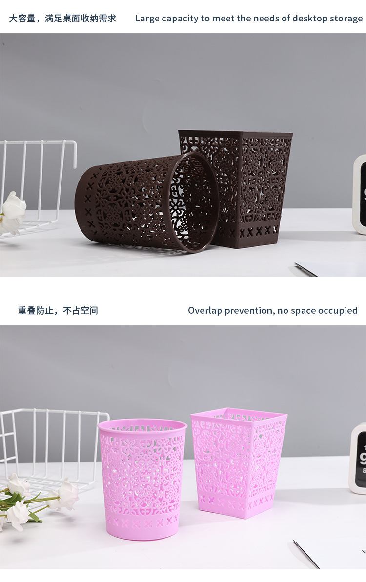 Circular storage cylinder, creative student, simple hollowed-out small pen holder, desktop storage box, anti-rattan woven plastic office pic 11