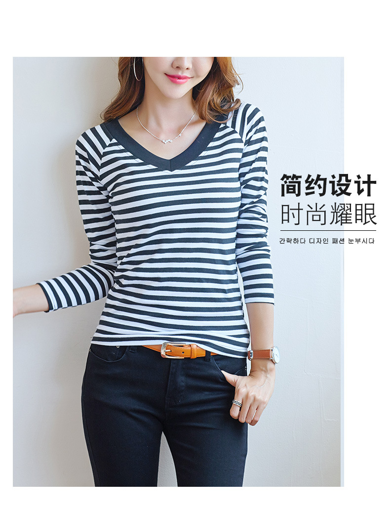 2022 Spring/Summer New Korean-style slim and slimming striped V-neck long-sleeved T-shirt for women, high-quality cotton elastic base layer pic 13