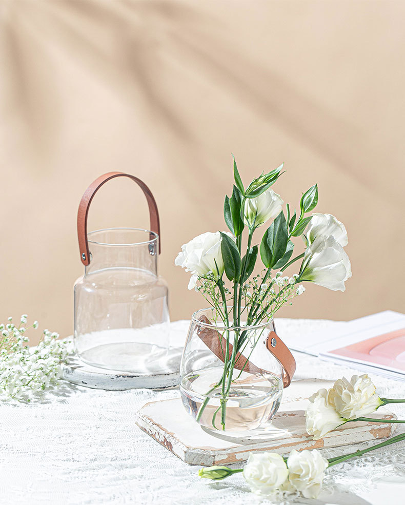 ins风皮革手提玻璃花瓶简约花器家居装饰品收纳摆件烛台水培花瓶详情11