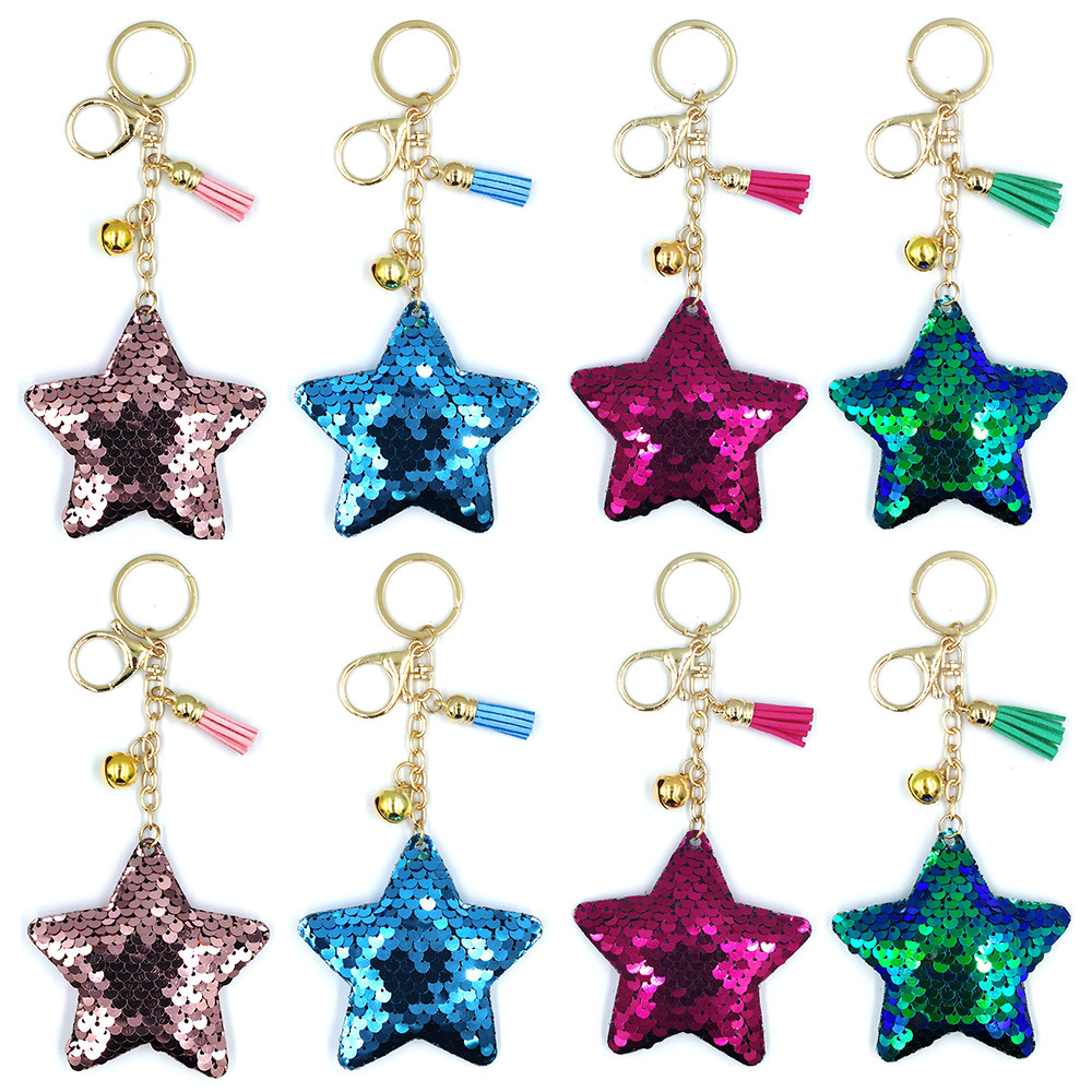 Five-pointed star sequined bell tassel three-piece keychain pendant, reflective shiny star keychain bag pendant pic 1