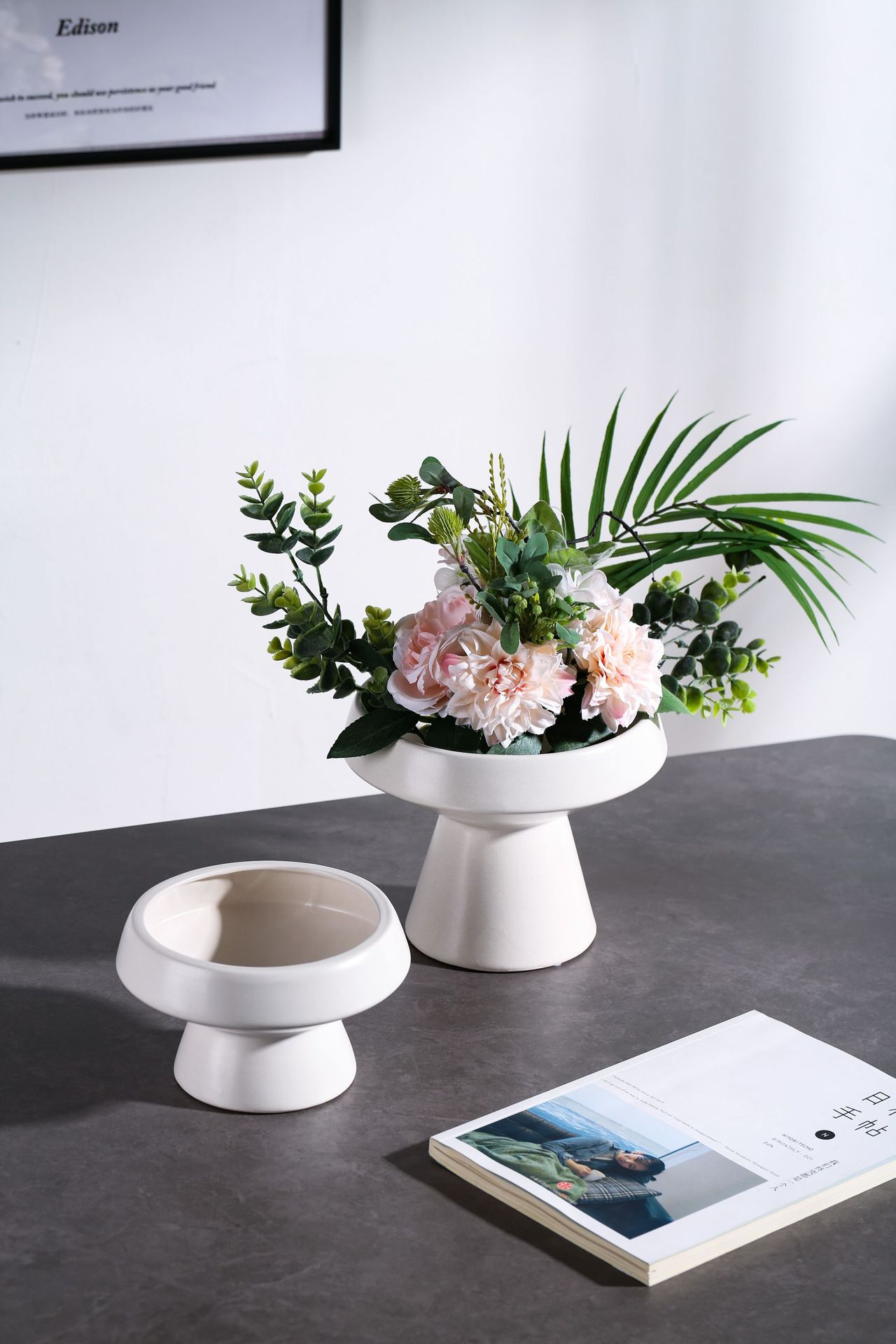 2025 Best-selling modern and simple ceramic flower pot ornaments, model room, living room, dining table, Nordic high-legged fruit plate, flower vase and soft decoration items pic 11