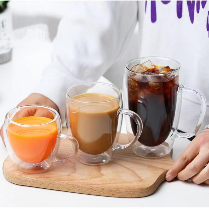 High borosilicate glass cups, double-layer water cups, household cups with handles, cold drink milk cups, heat-resistant coffee cups, handle cups pic 1