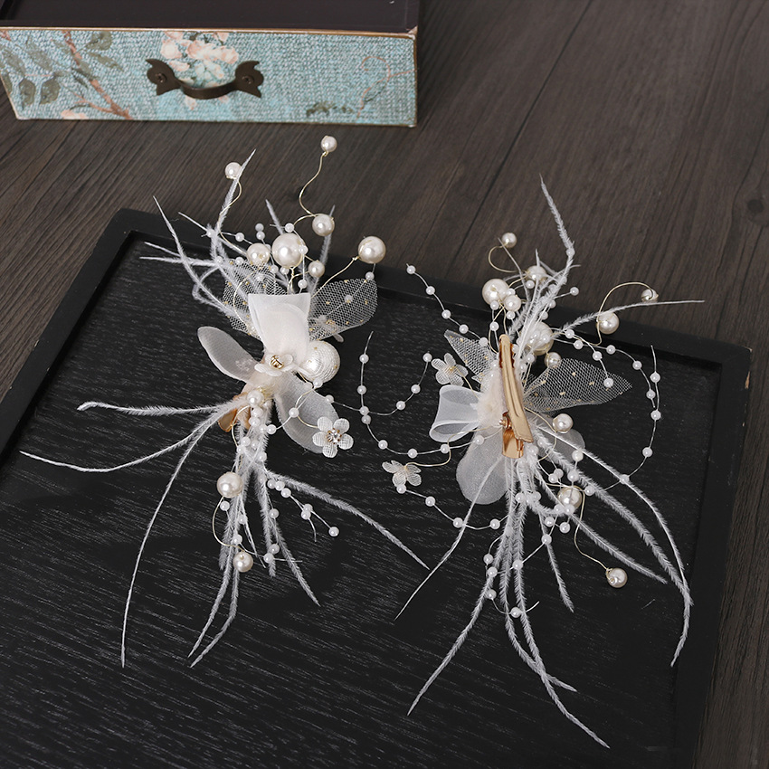 New hair clip headwear, feather super fairy pair clip, handcrafted high-gloss pearl hair accessory, European and American fashion trend hair accessory pic 9