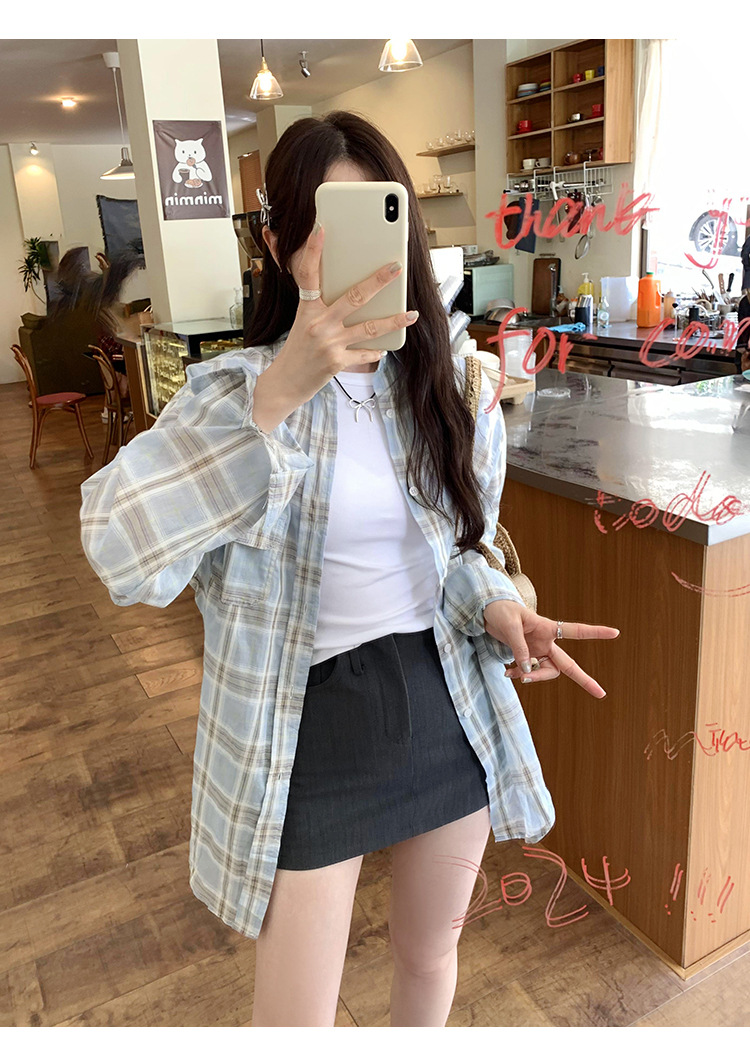 法式设计感小衫蓝色格子防晒衬衫女2024秋季新款女装小清新bm上衣详情11