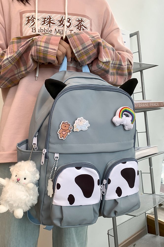 Japanese-style ins campus school style, fresh and cute, cute cow with earbuds, soft girl schoolbag, funny student backpack pic 74