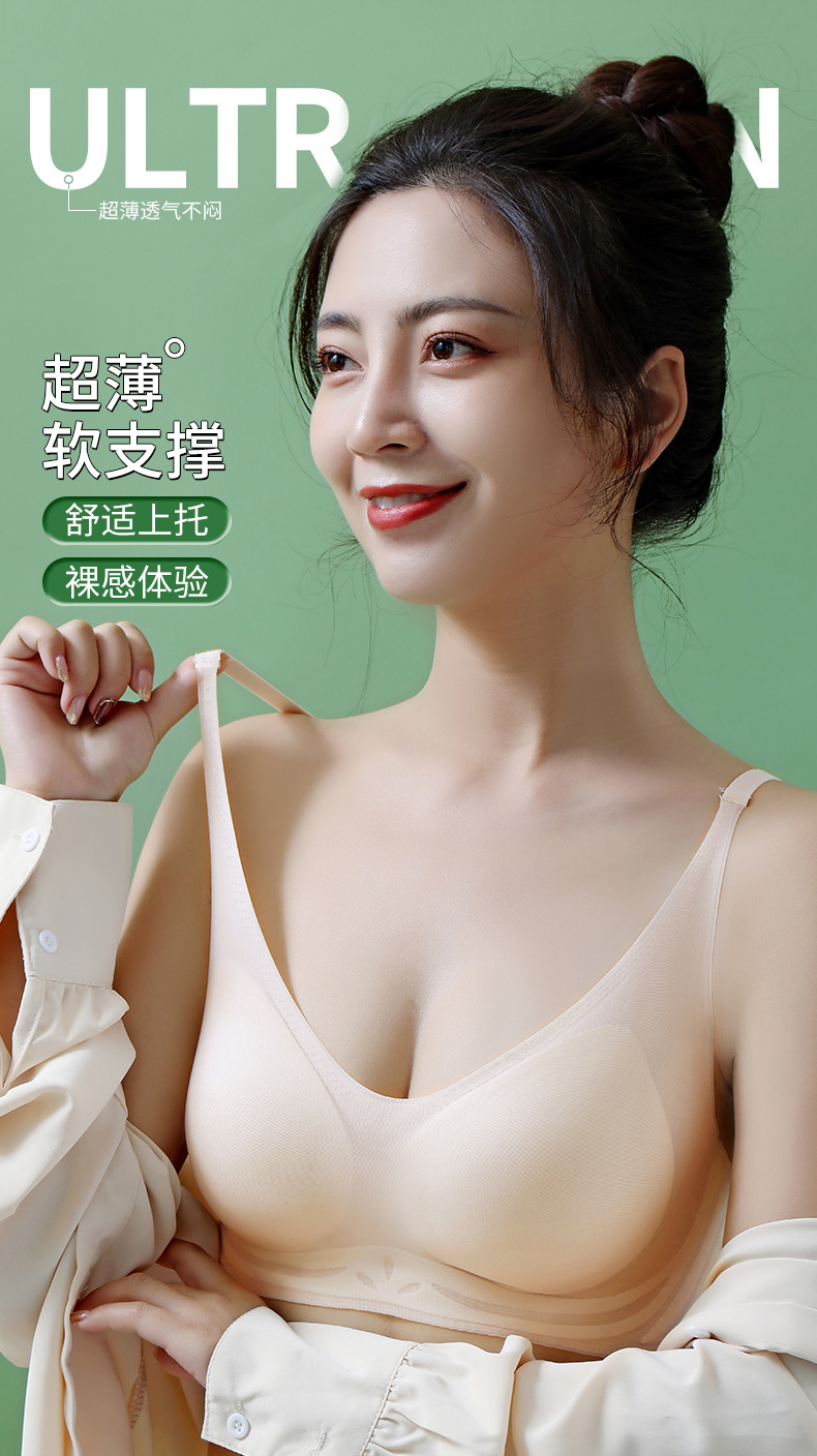 This thin and light ice silk seamless nude bra is a jelly soft support for women, with a large bust that makes them look slimmer and smaller. The gathering bra is comfortable and breathable pic 2