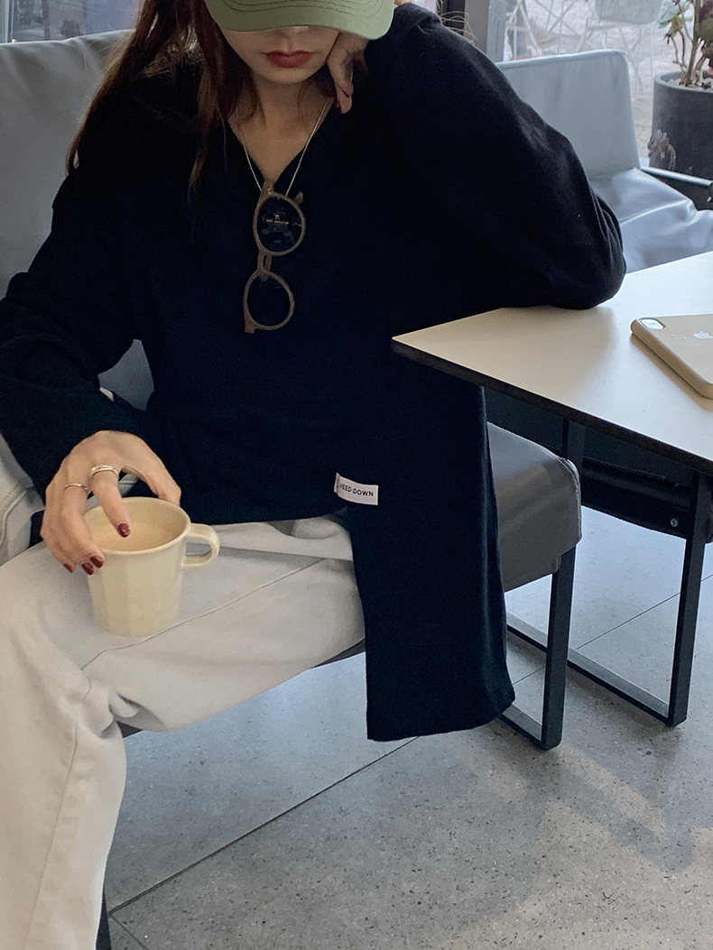 黄峥简约贴标开叉长袖T恤女2022春韩版宽松休闲设计感上衣T85396详情53