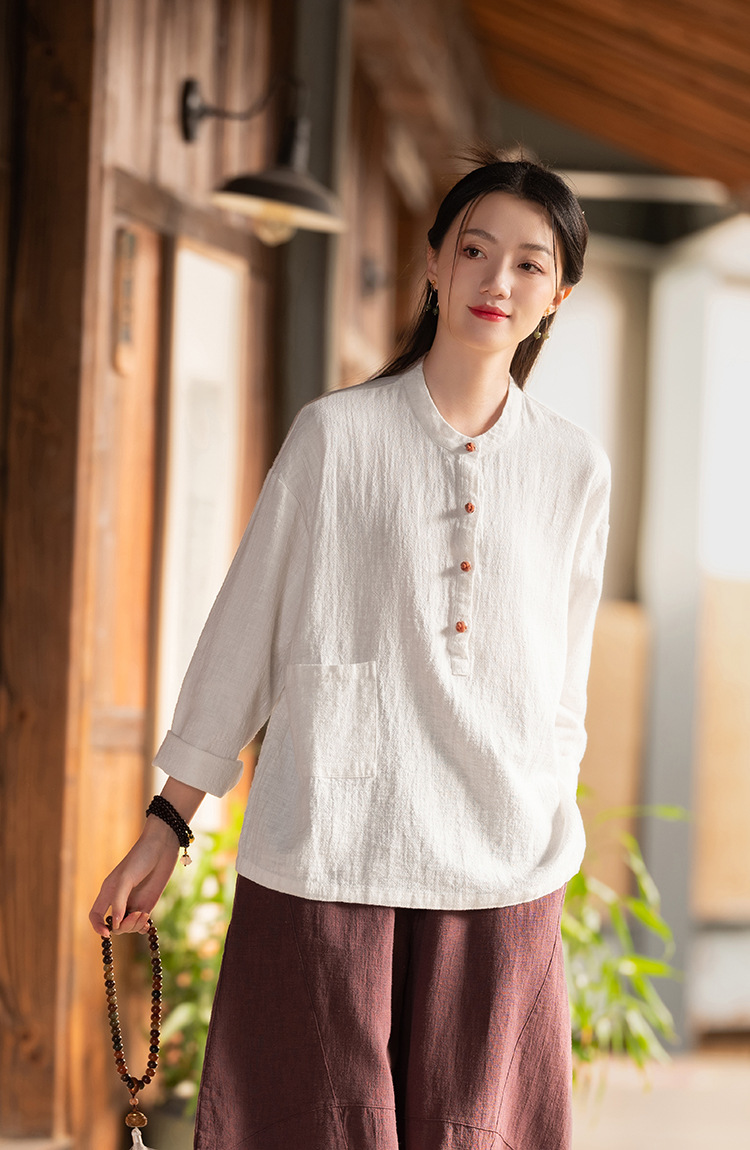 2024春夏棉麻女装新品亚麻立领拼色盘扣套头大码上衣女式棉麻衬衫详情35