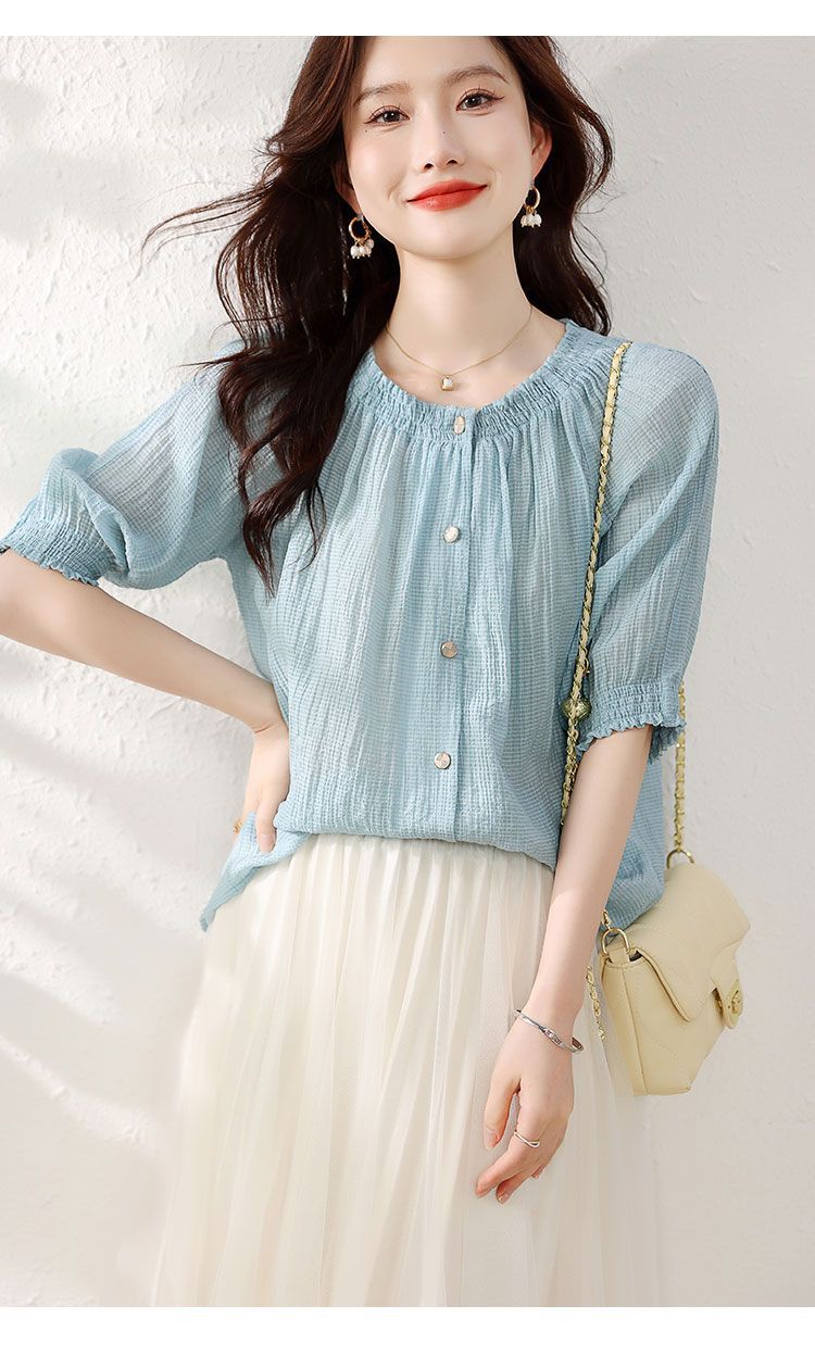 2023年夏季新款通勤气质空气感泡泡纱灯笼袖衬衣百搭女式衬衫韩版详情10
