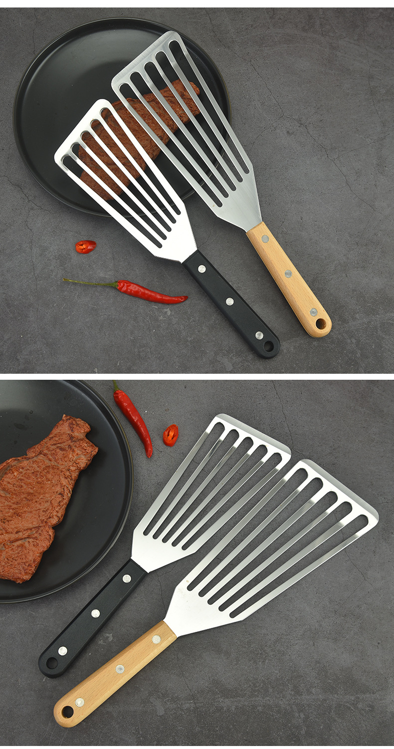 不锈钢煎鱼铲牛扒锅铲家用煎炒漏铲木柄塑料料理铲烹饪铲厨房工具详情9