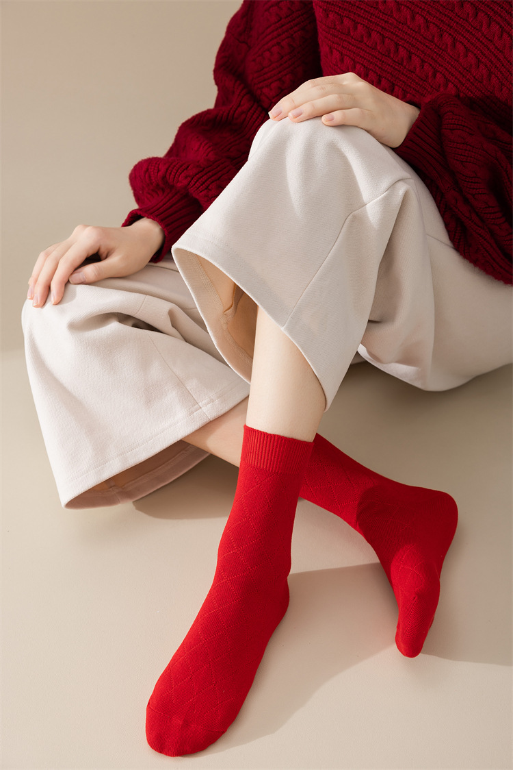 新年大红袜双针麻花中筒袜本命年红色袜子精梳棉喜庆鸿运女袜详情3