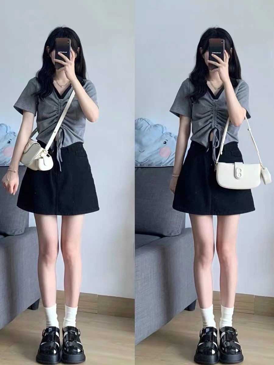 甜辣风polo领抽绳t恤套装女夏高腰包臀半身裙辣妹炸街短袖上衣ins详情5