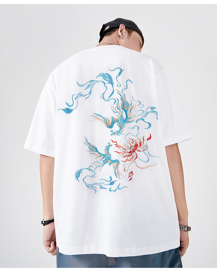 国潮中国风短袖t恤男 夏季宽松大码青年凤凰图案刺绣潮牌纯棉半袖 pic 13