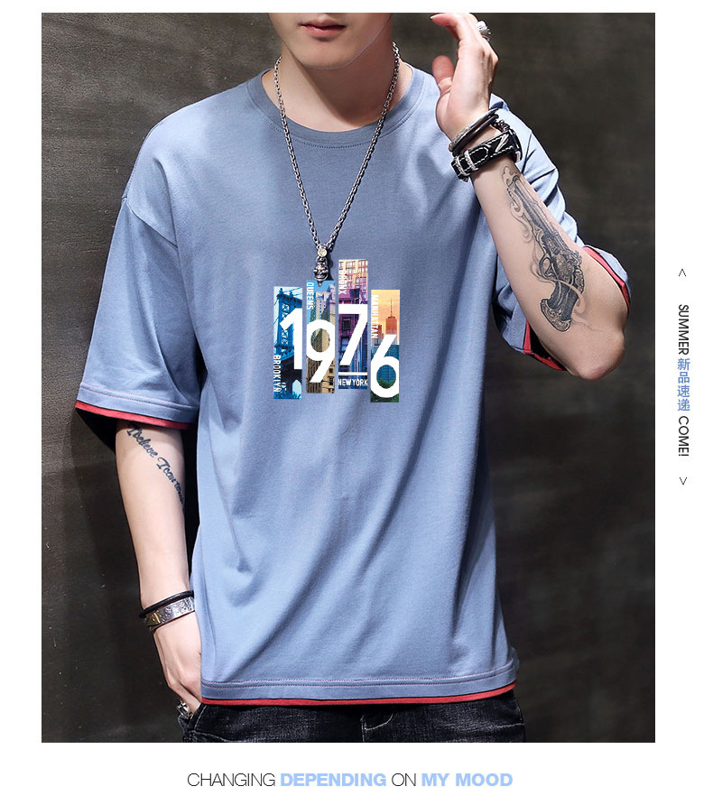 New Korean loose short-sleeved T-shirts for young men. Two pieces of cotton half-sleeved faux faux T-shirts for students, cool and oversized pic 67