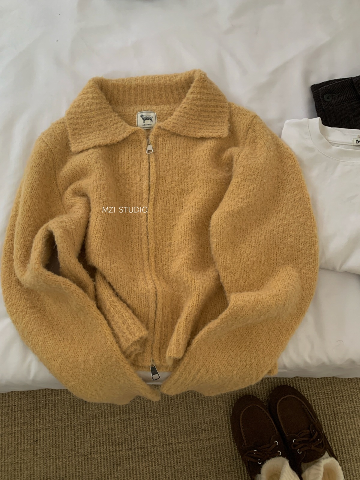 M.ZI秋冬韩系减龄羊毛混纺针织开衫慵懒风休闲宽松拉链毛衣外套女详情16