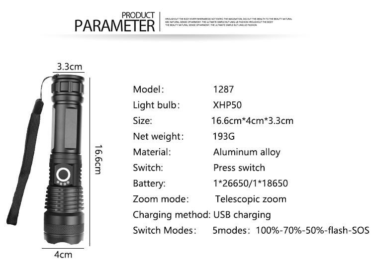 跨境新款XHP50铝合金伸缩手电筒 电量显示USB充电P50强光手电筒详情3