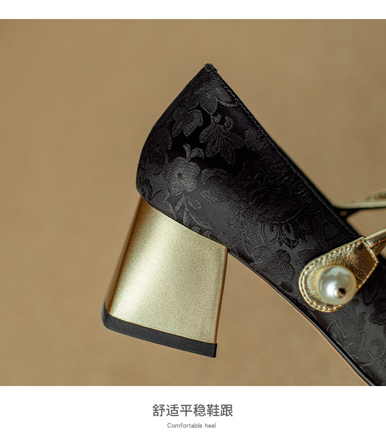 新中式国朝风单鞋2024春季新款百搭复古法式粗跟方头浅口女士单鞋详情7