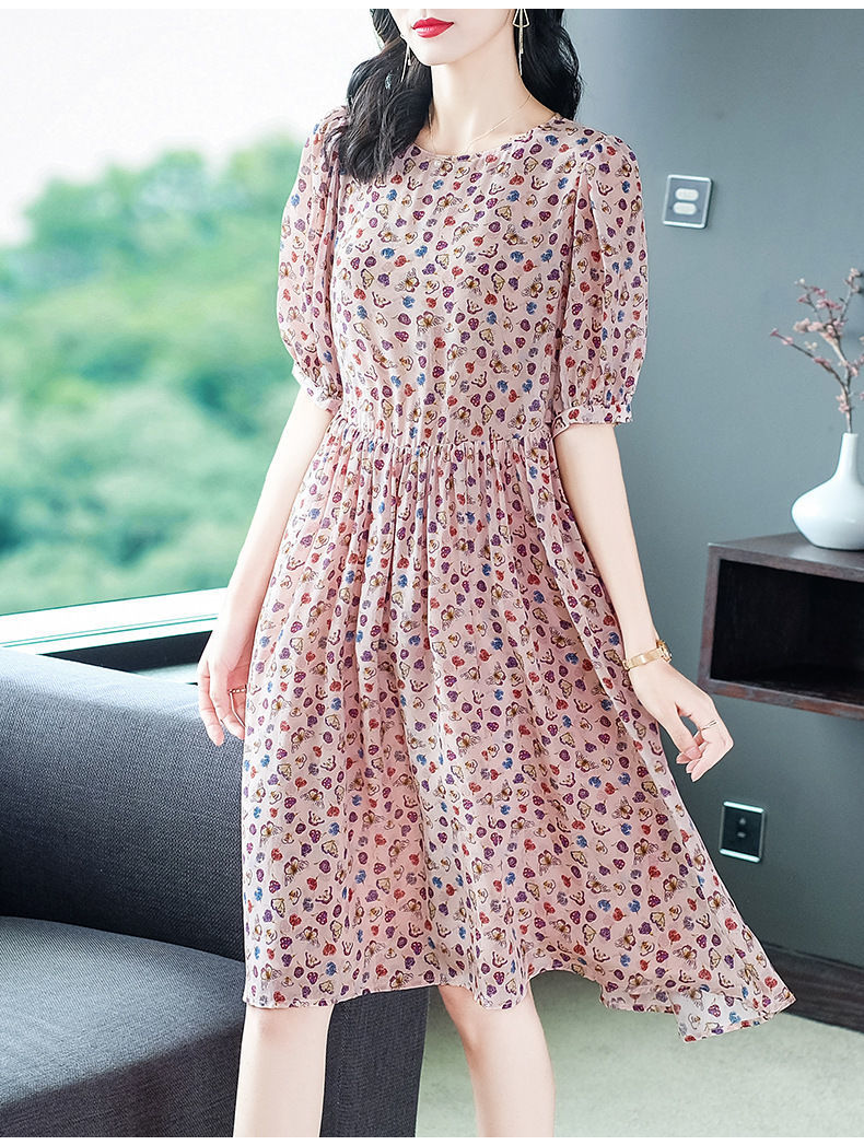 2023新款真丝连衣裙女长款过膝连衣裙桑蚕丝碎花裙女士时尚连衣裙详情9