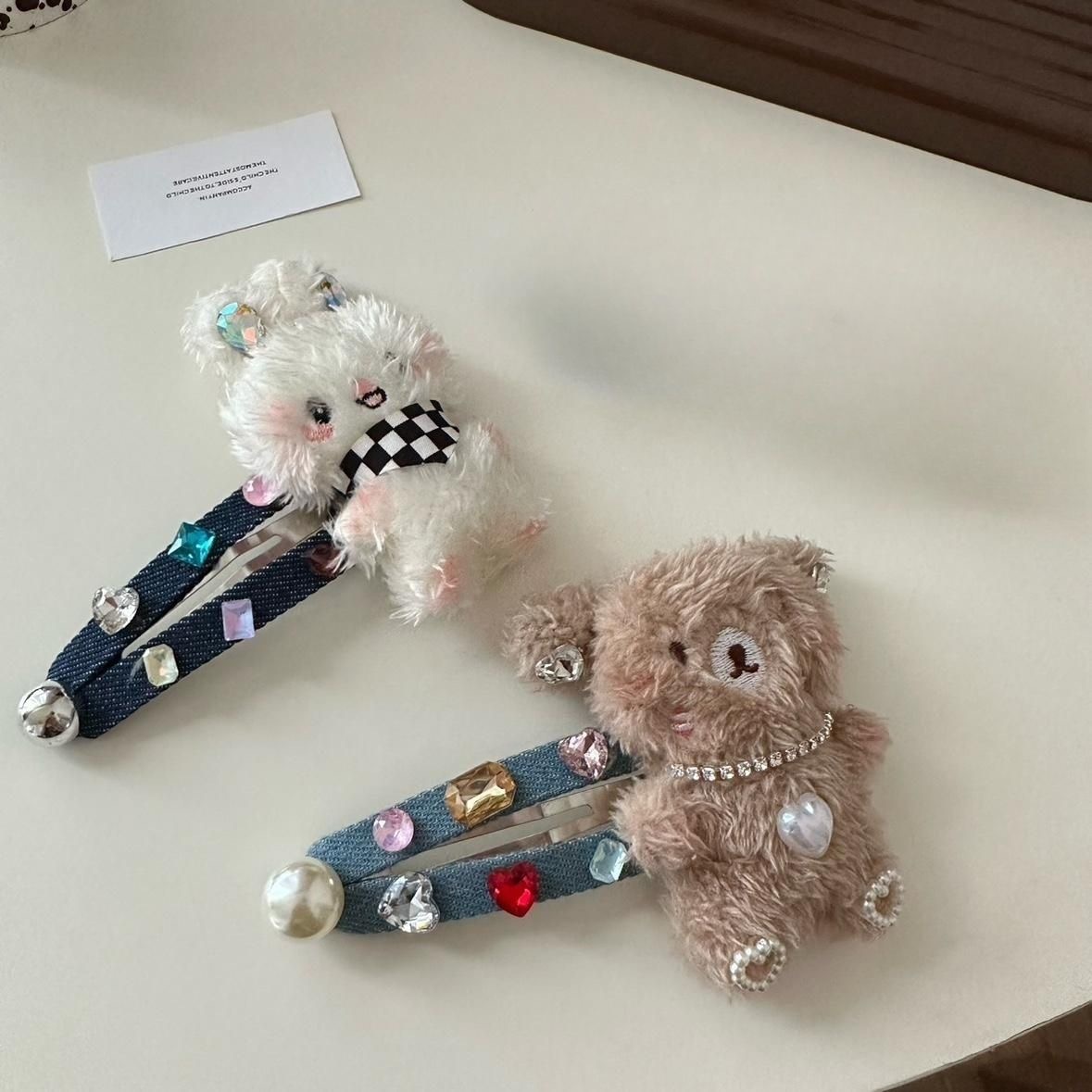 Cute plush rabbit bear denim hair clip, ins high-end colored diamond, sweet, cool, soft and cute girl large hair clip and hair accessory pic 9