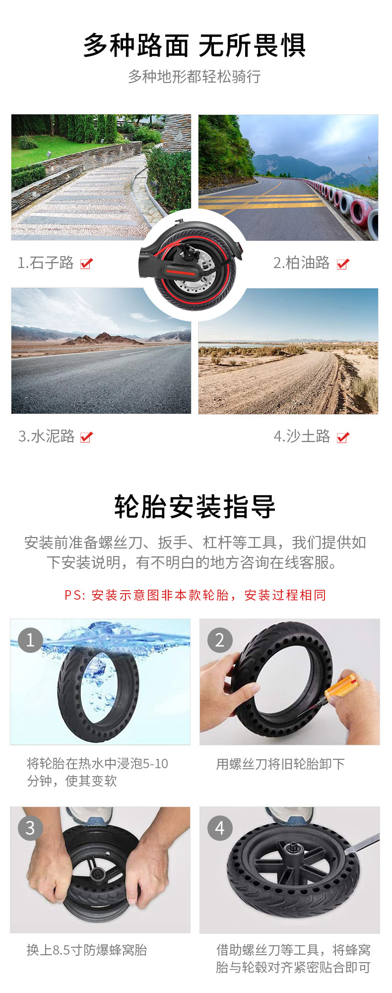 8.5X2-inch honeycomb shock-absorbing, non-inflatable Xiaomi M365 electric scooter balance vehicle, silent tires, wear-resistant and elastic pic 7