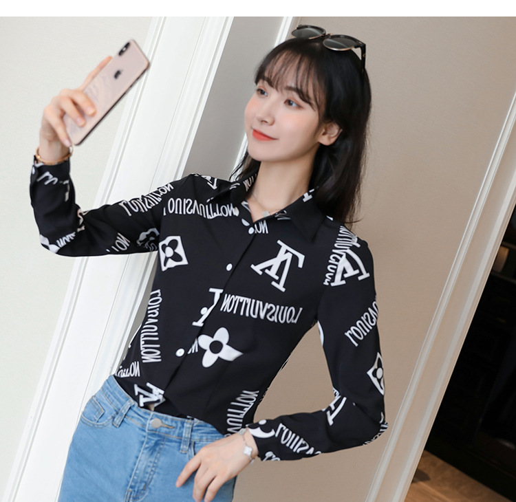 New spring and autumn Korean-style slim-fit shirt for women, long-sleeved printed striped trendy base layer, Hong Kong-style top for women pic 56