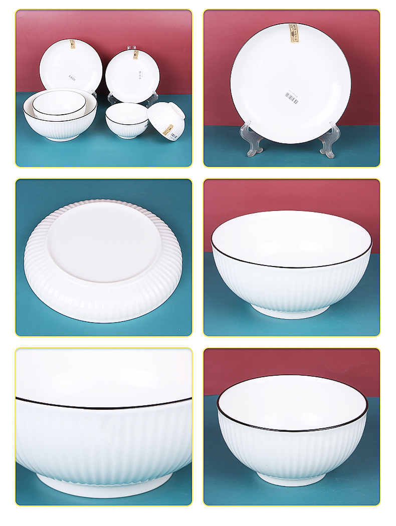 Japanese-style household black line vertical pattern ceramic bowls, plates and saucers for eating and soup, simple home ceramic tableware set pic 9