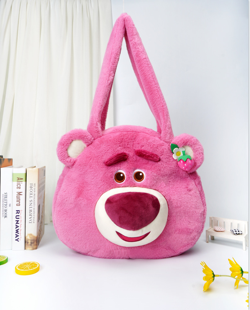2022 nuevo strawberry bear toy story strawberry bear pack frambuesa ojos abiertos risa peluche crossbody bolso de mano doble uso pic 5