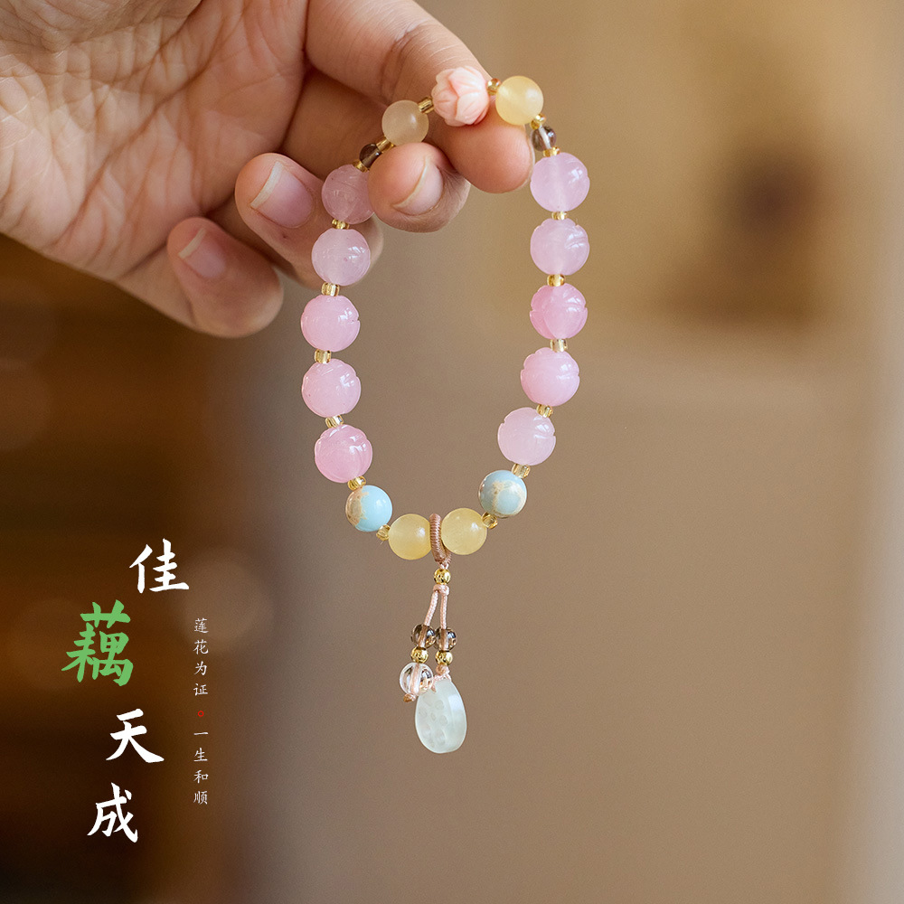 Temple bestseller Natural golden thread jade lotus bracelet, Good Luck Lotus Lotus Bag, bulging ancient-style jade bracelet wholesale pic 16