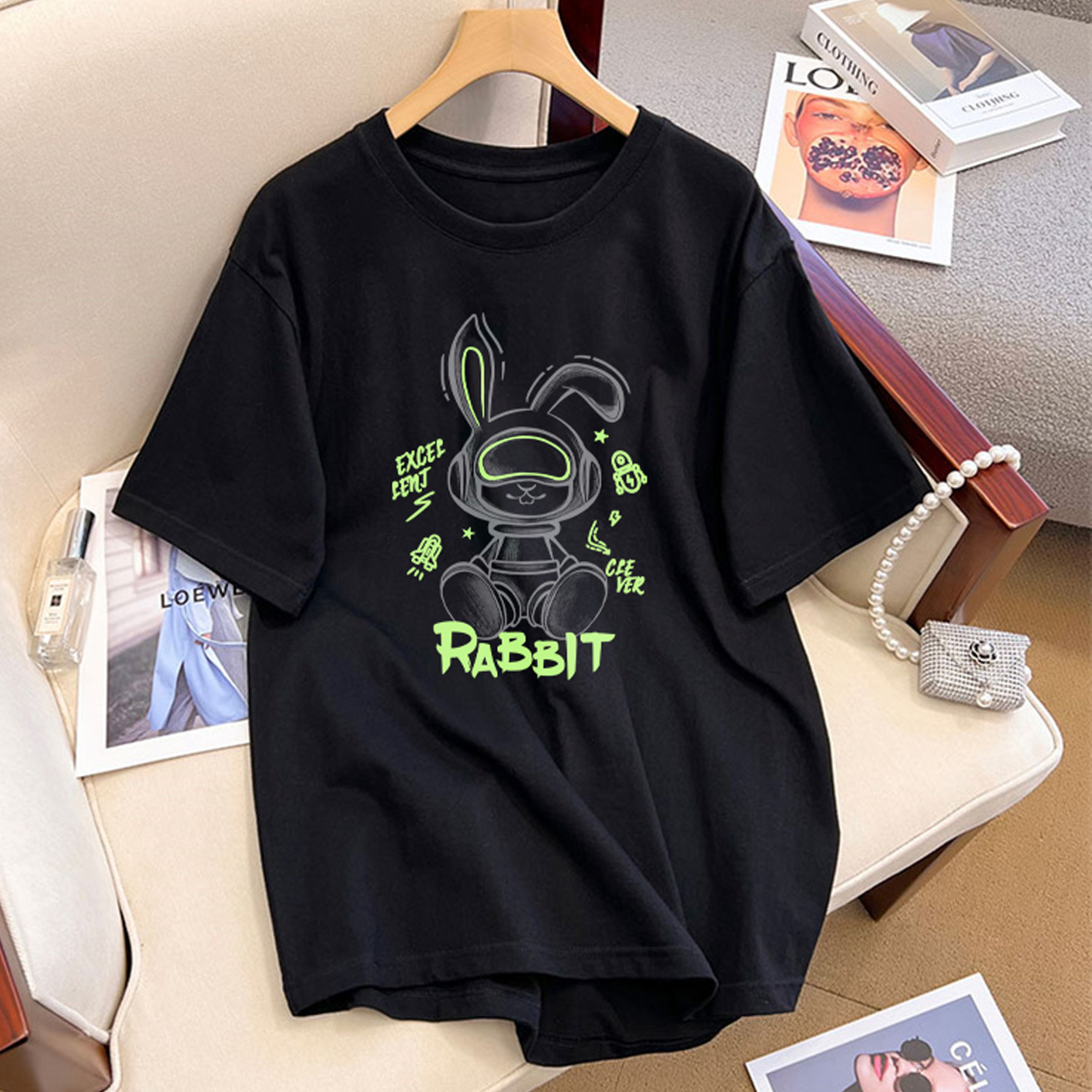 t恤女装短袖夏季小众印花正肩圆领简约品质重磅不透纯棉白色上衣详情1