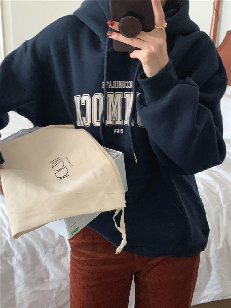 Letter-printed pullover with fleece hooded sweatshirt for women 2023 autumn/Winter new style Korean loose and versatile long-sleeved top pic 28
