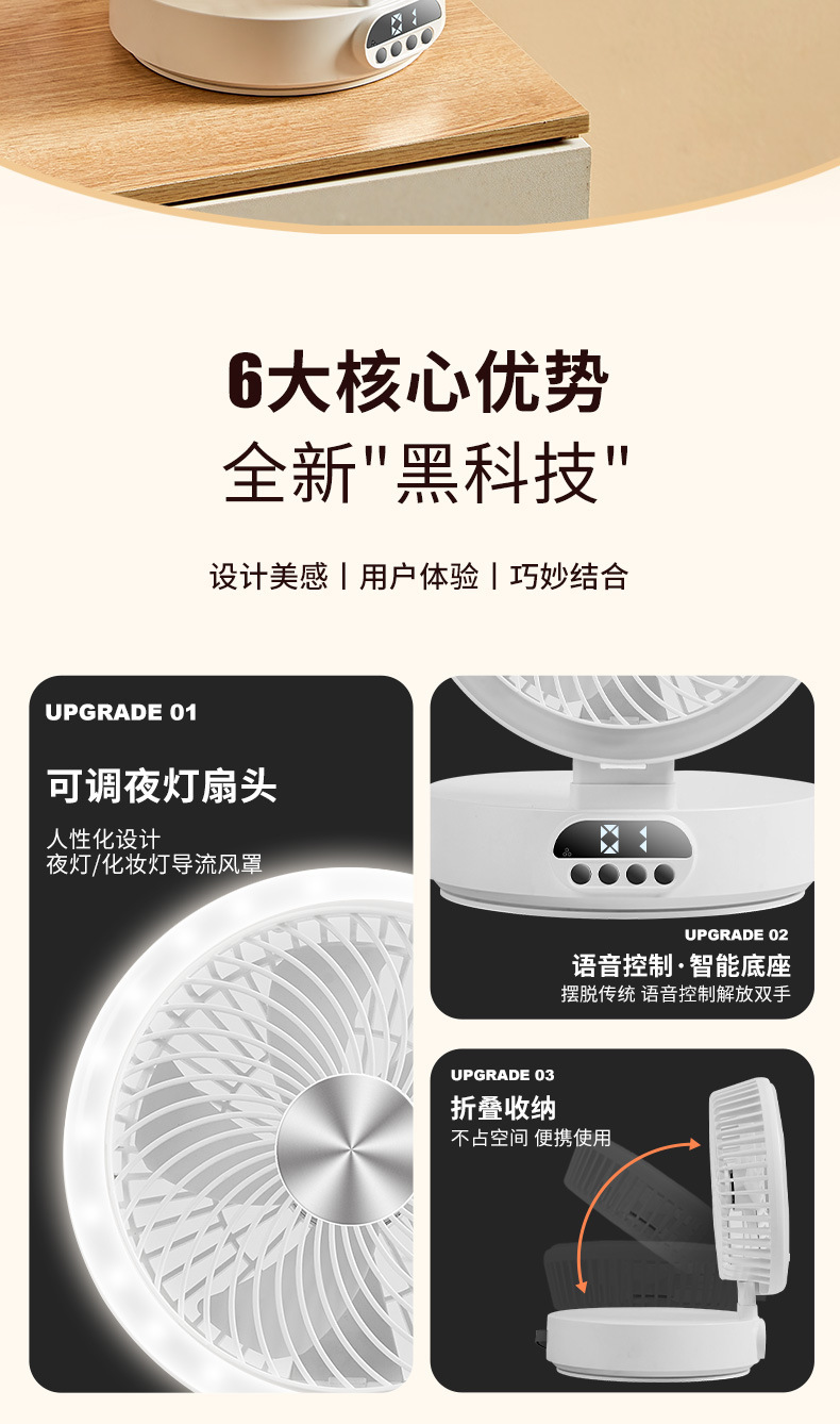 智能声控风扇USB充电多档位风力静音风扇迷你学生宿舍台式风扇详情2