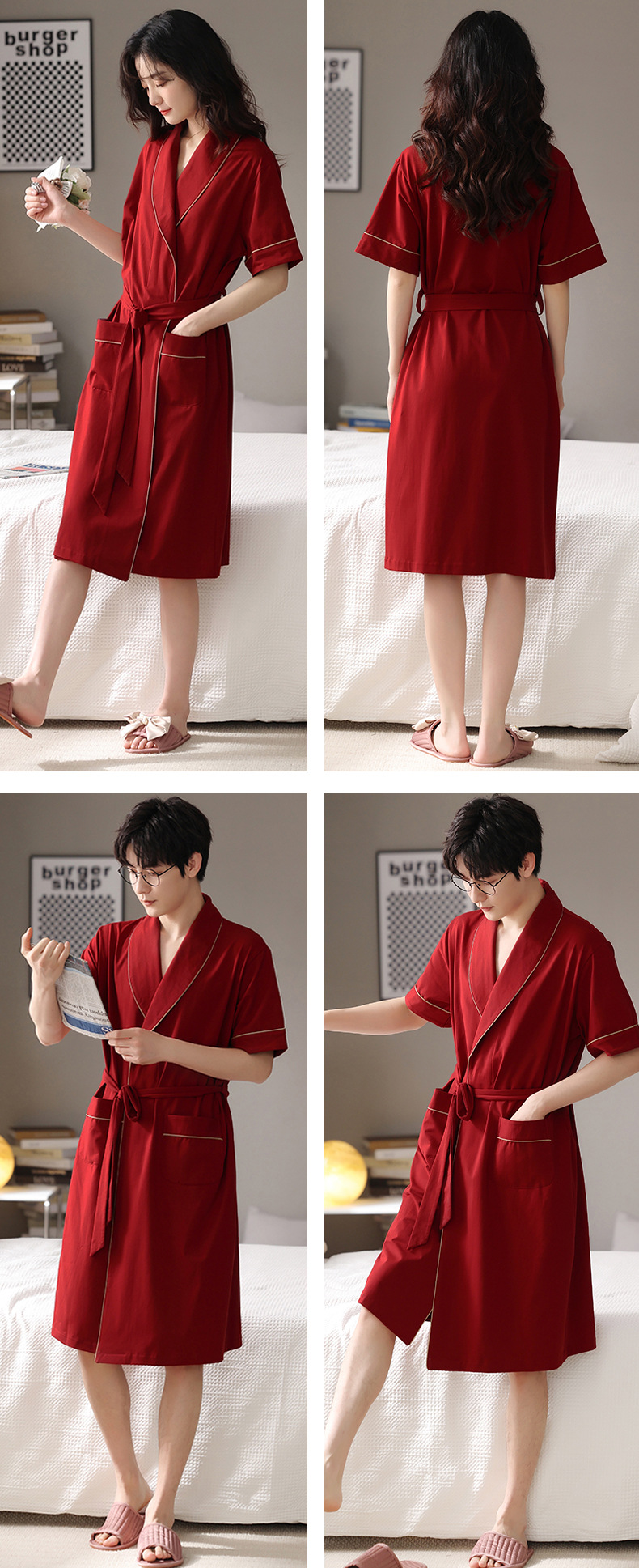 纯棉情侣睡衣夏季结婚新婚大码男士开衫长裤本命年红色家居服夏女详情24