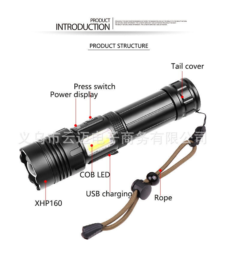 Cross-border XHP70+COB red and white light powerful flashlight, zoom P70 flashlight, XHP160 rechargeable flashlight pic 6