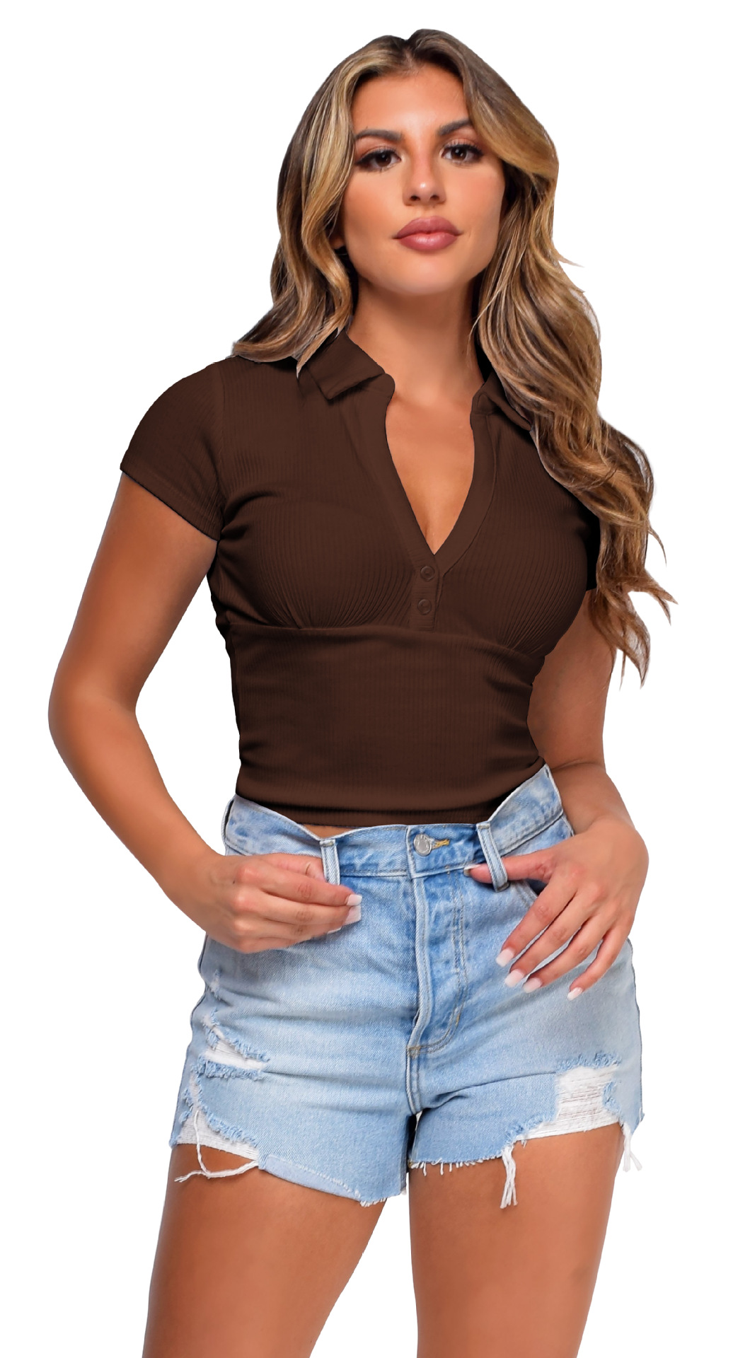 Moda europea y americana verano mujer retro chic recorte de la cintura sudadera corte corto polo manga corta casual camiseta top pic 67