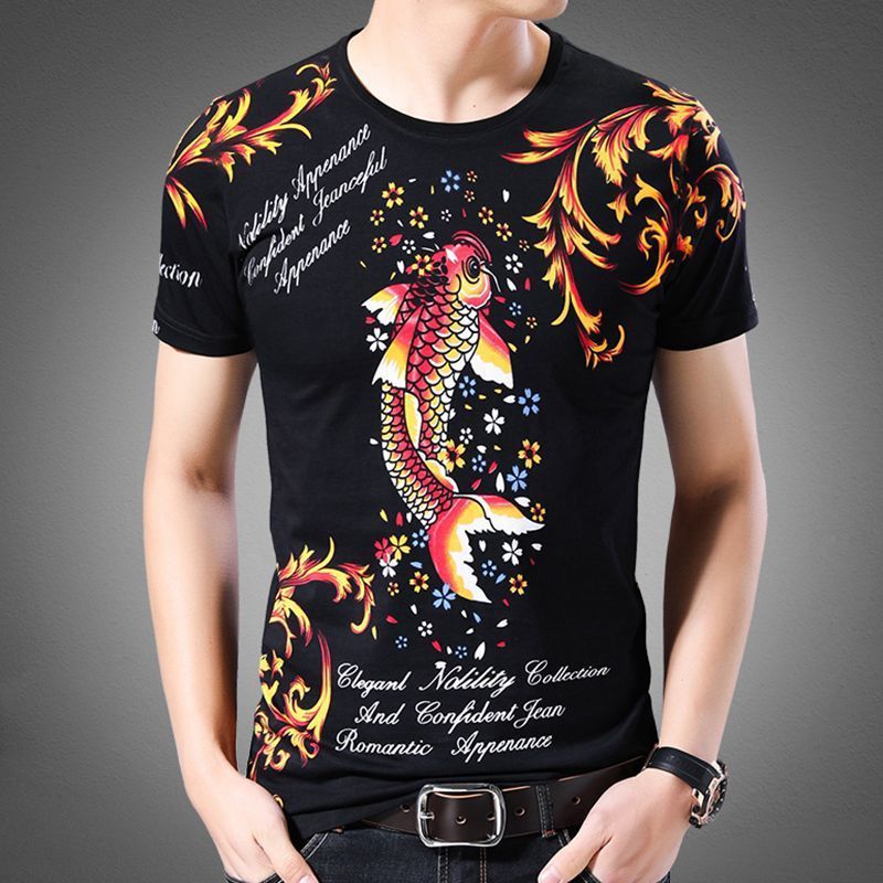 港风春夏季潮流中国风短袖t恤男青年打底衫高街时尚印花上衣服男详情19