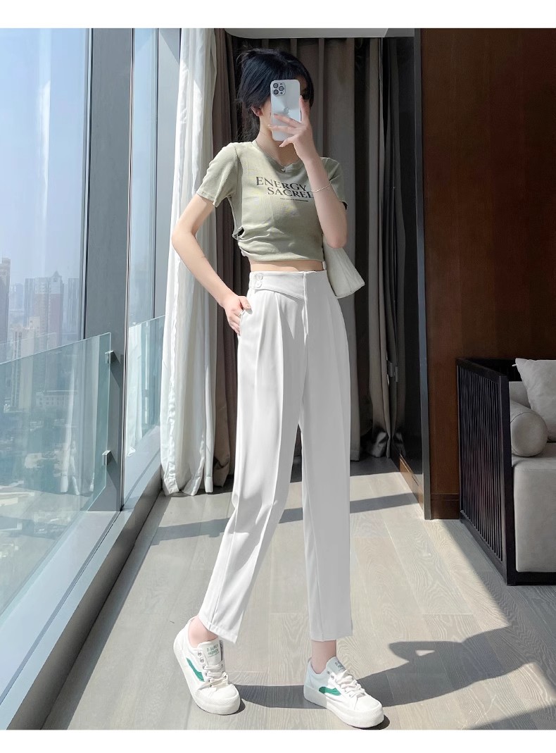 包边好质量双纽扣设计高品质哈伦裤冰丝西装裤女九分烟管裤休闲裤详情38