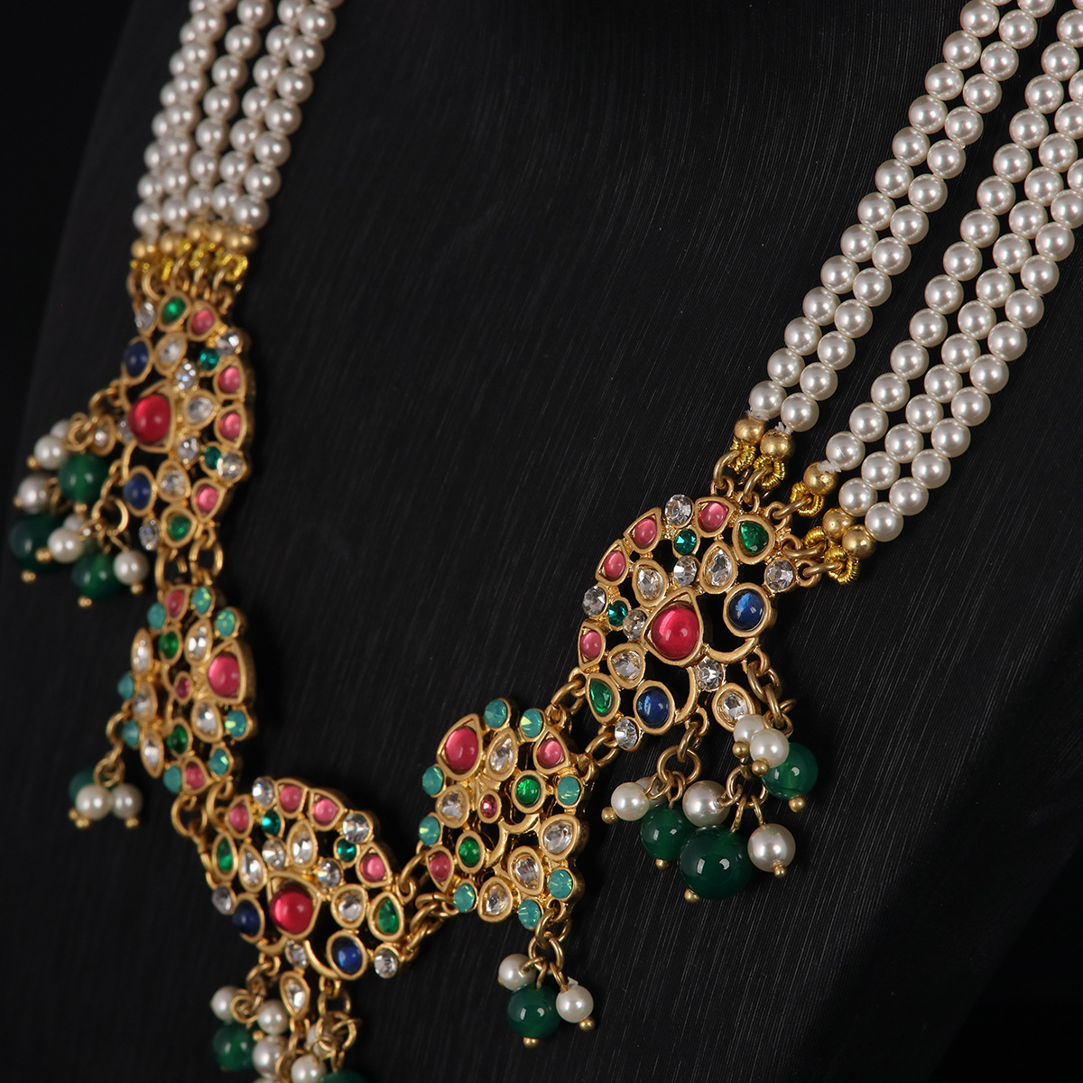 中古vintage高级感气质百搭铜镀真金哑光金彩色宝石镶嵌珍珠项链详情3