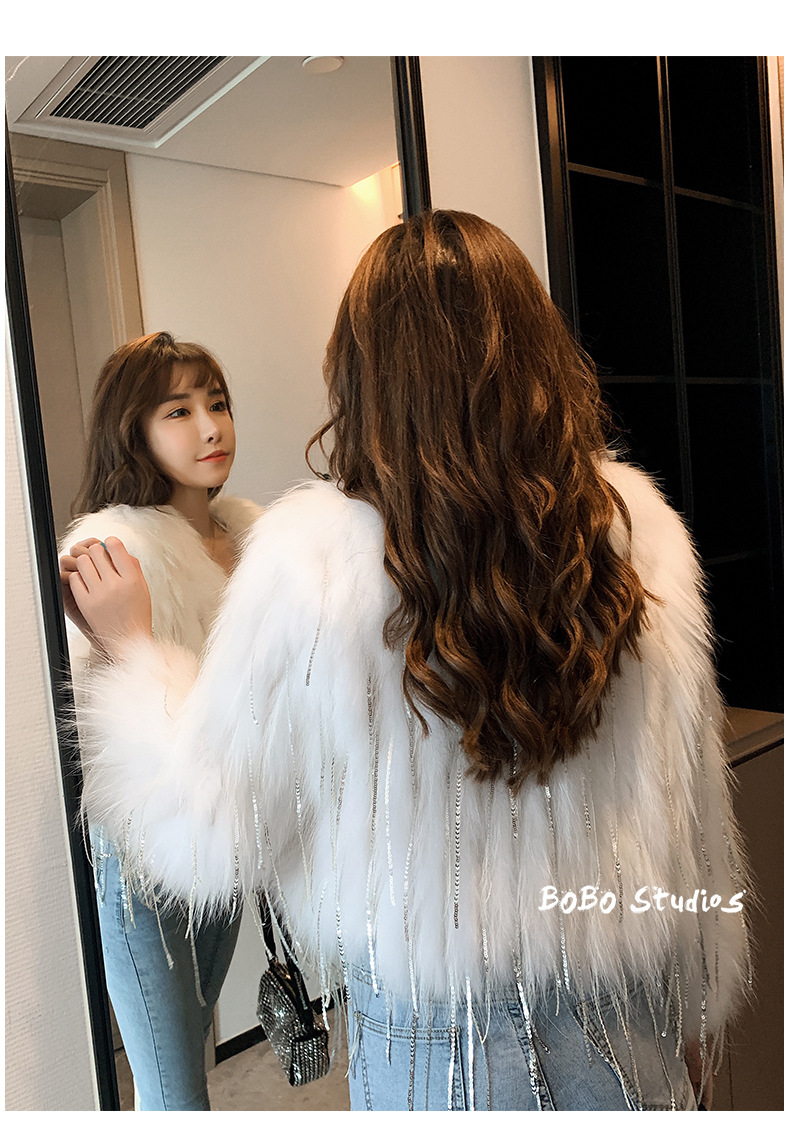 高端定制Biling水钻流苏亮片车条貉子毛编织仿皮草外套女短款网红详情8