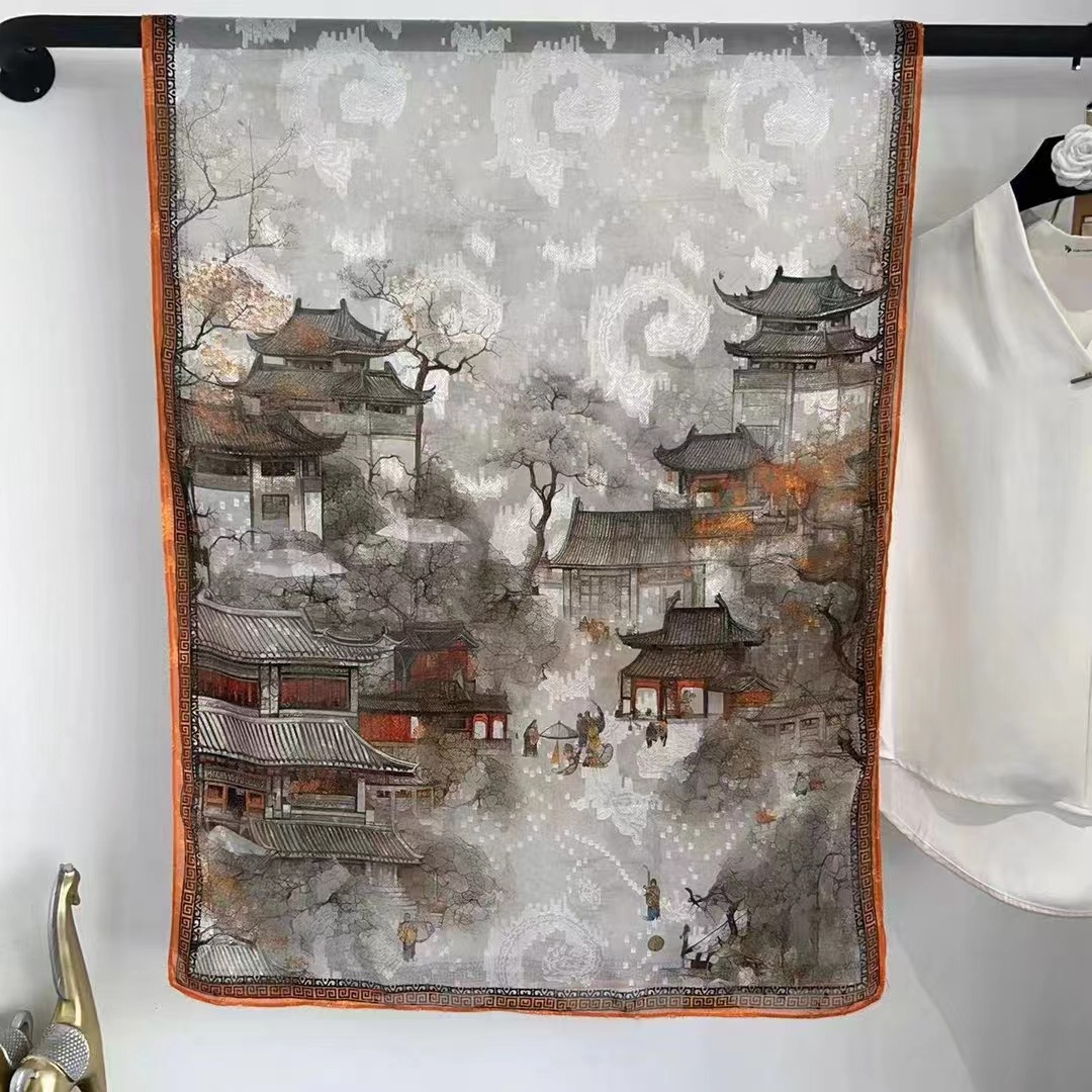 国潮新款仿香云纱大长巾女丝巾花萝仿真丝披肩围巾优雅中国风领巾复古详情11