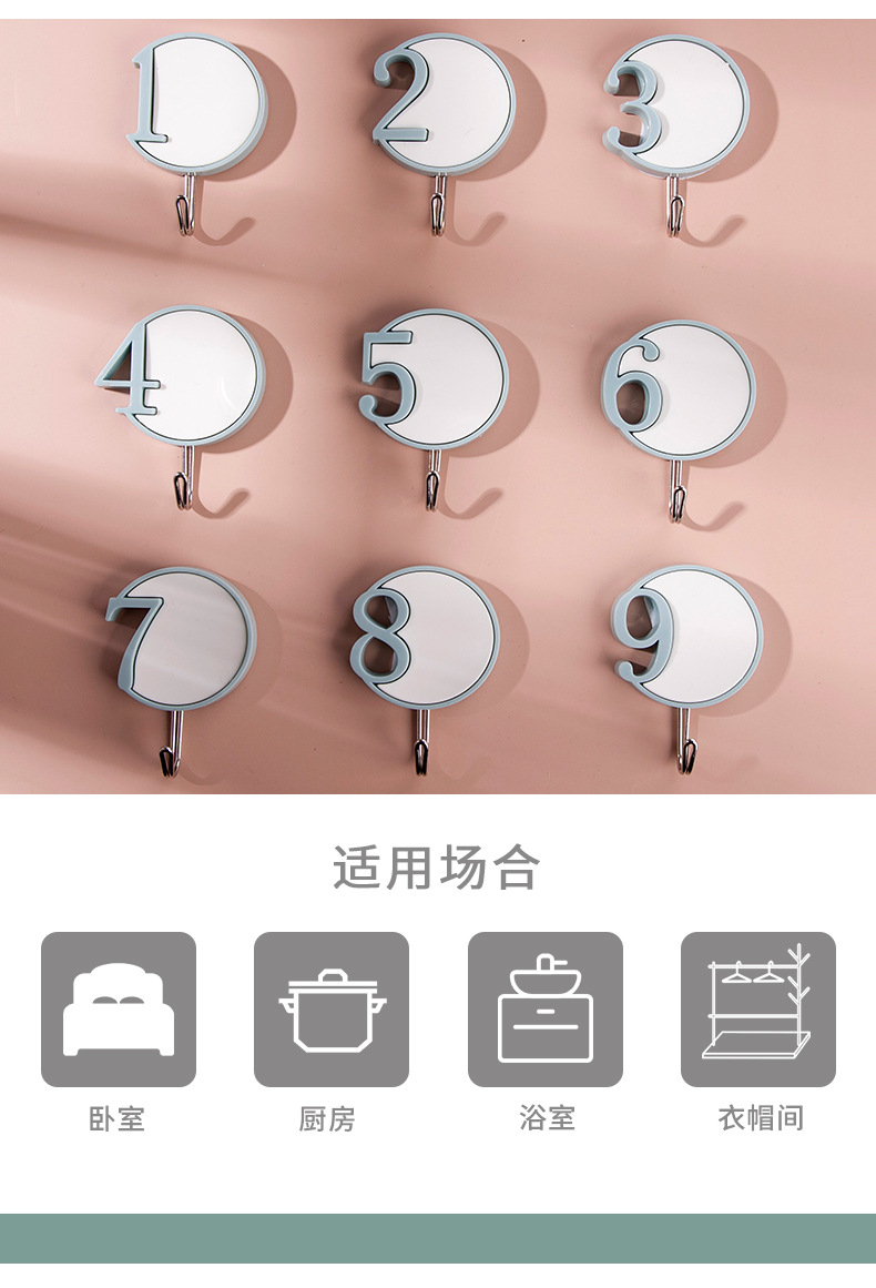Digital hook, simple and non-drilling adhesive single hook, creative hook for home kitchen, bathroom, living room, bedroom, behind the door pic 3