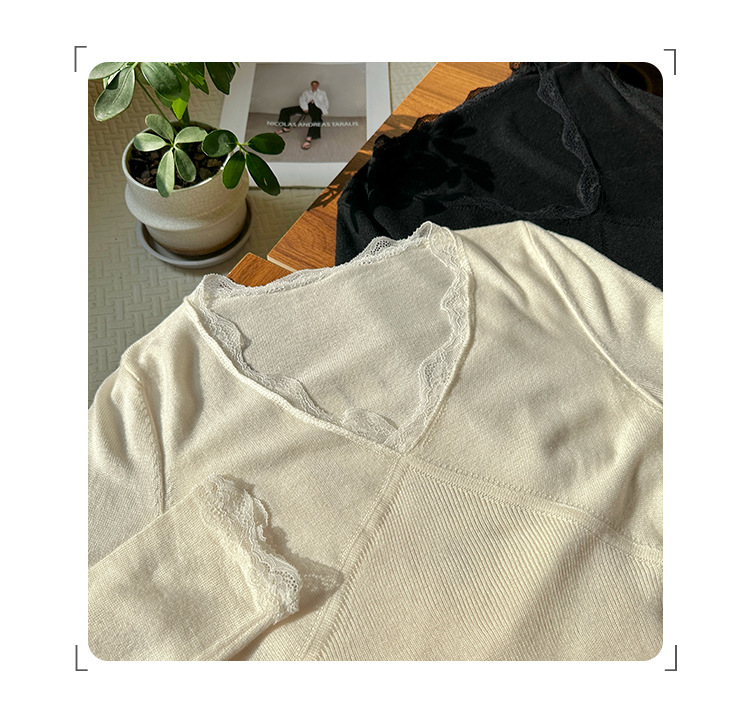 European lace patchwork, elegant long-sleeved wool knitted base layer, Korean-style autumn and winter stylish and unique top for women pic 3