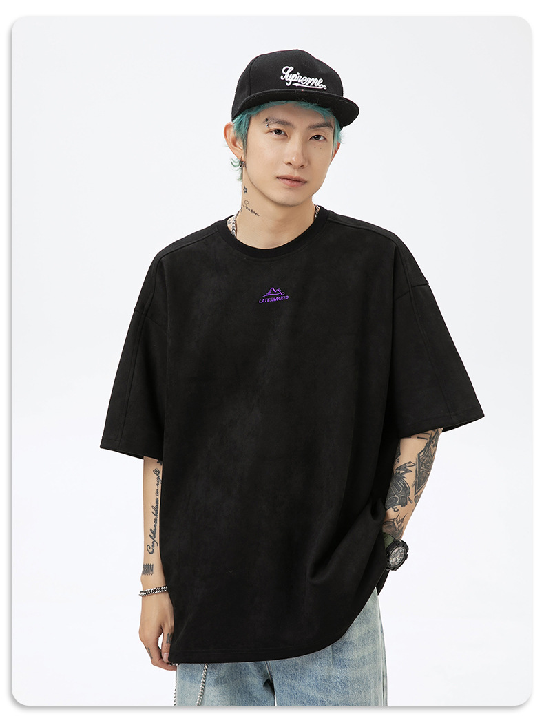 韩路男装 麂皮绒美式圆领T恤男女款夏季宽松质感刺绣潮牌短袖体恤详情25