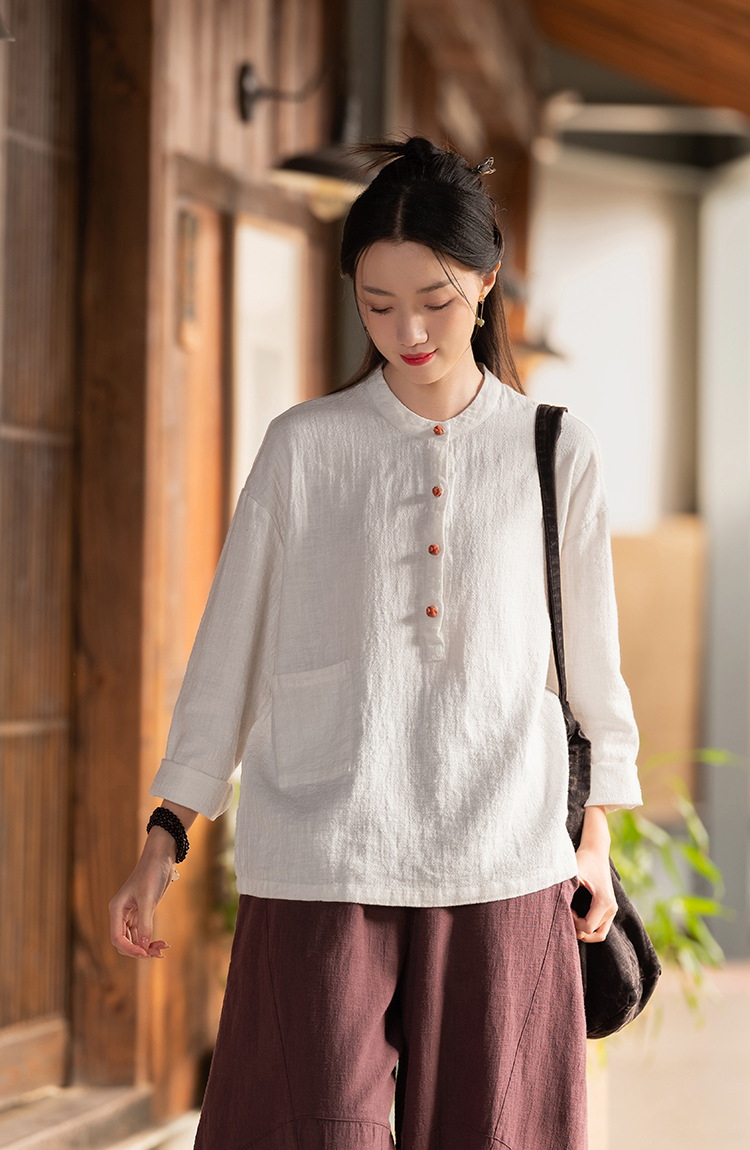 2024春夏棉麻女装新品亚麻立领拼色盘扣套头大码上衣女式棉麻衬衫详情40