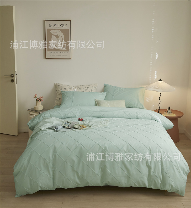 Wholesale of high-quality three or four-piece sets of washed cotton 40-count hand-knitted rhombus-shaped checkered plain pure cotton bedding pic 50
